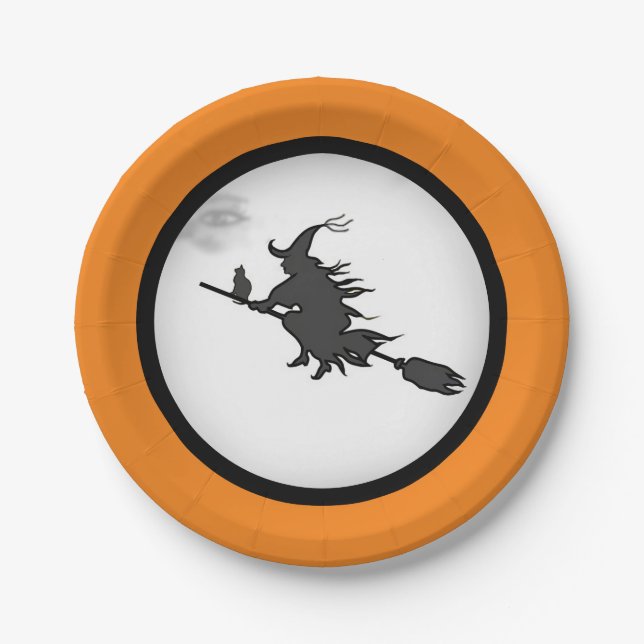 Halloween witch & black cat on orange & white paper plate (Front)