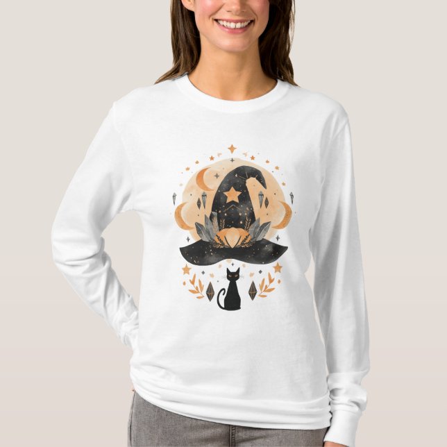 Halloween Witch Black Cat Tee Shirt  (Front)