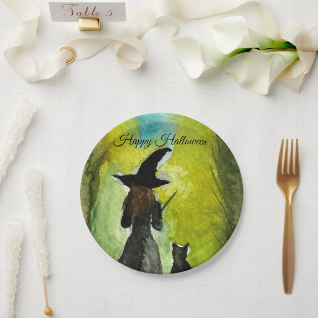 Halloween Witch Black Cat Woman Spells Paper Plate (Wedding)