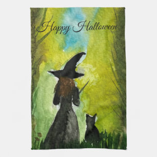 Halloween Witch Black Cat Woman Spells Tea Towel