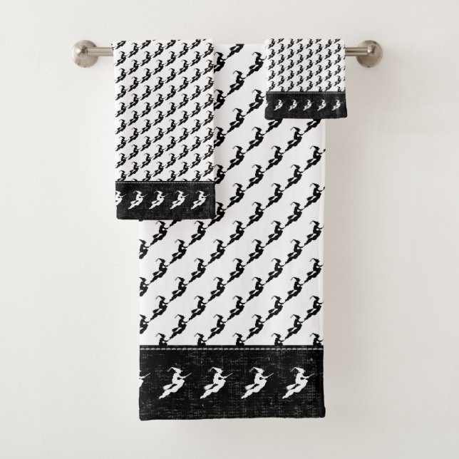 Halloween Witch Black Silhouette Pattern on White Bath Towel Set (Insitu)