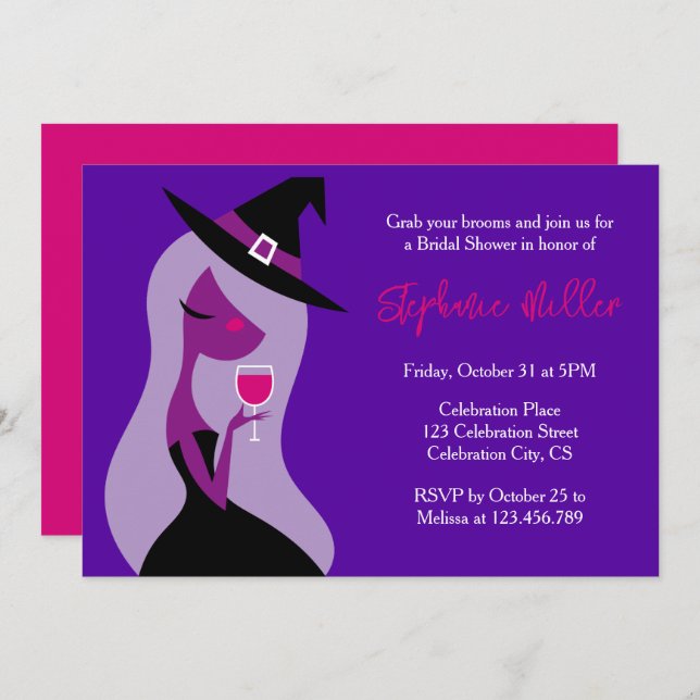Halloween Witch Bridal Shower Wine Pink Purple Invitation (Front/Back)