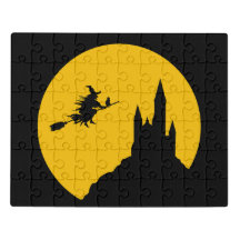 Halloween Witch, Broom and Cat Jigsaw Puzzle