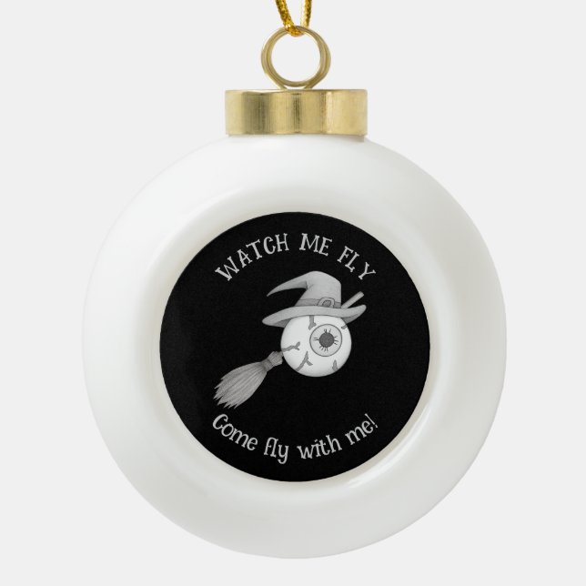 Halloween witch broom and scary eyeball ceramic ball christmas ornament (Front)