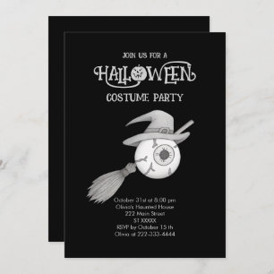 Halloween witch broom and scary eyeball invitation