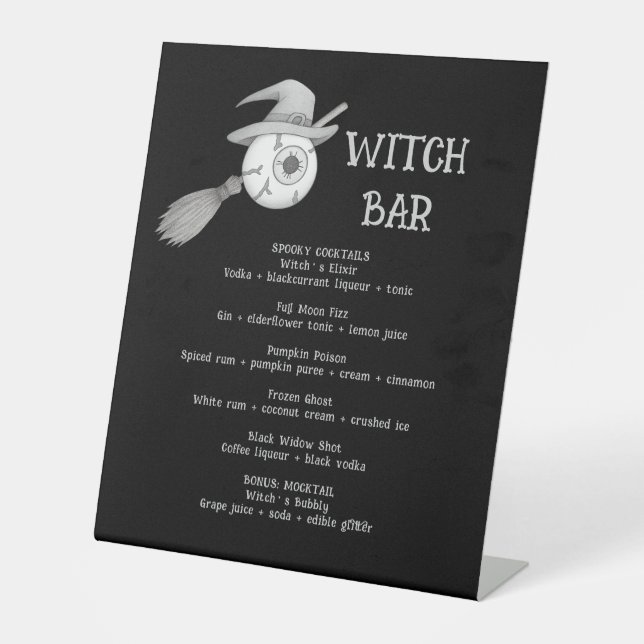 Halloween witch broom and scary eyeball pedestal sign (Front)