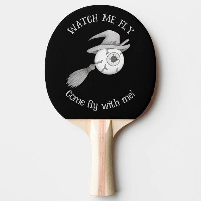 Halloween witch broom and scary eyeball ping pong paddle (Front)