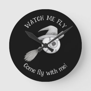 Halloween witch broom and scary eyeball round clock