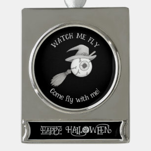 Halloween witch broom and scary eyeball silver plated banner ornament