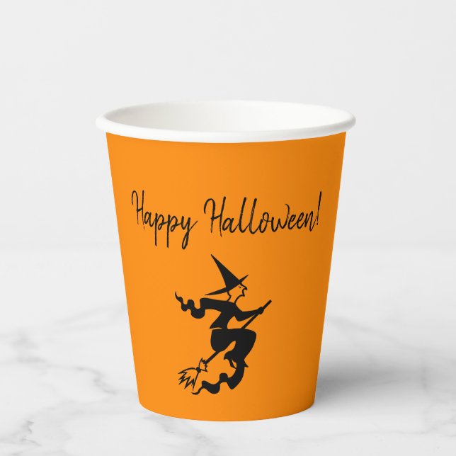 Halloween Witch Broom Orange Black Paper cup (Front)