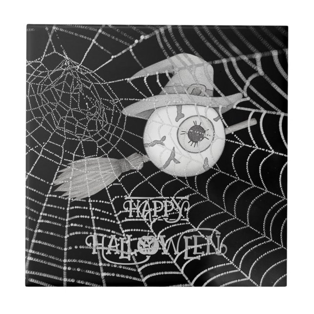 Halloween witch broom, scary eyeball, spider web ceramic tile (Front)