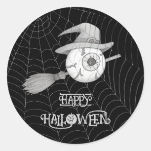 Halloween witch broom, scary eyeball, spider web classic round sticker
