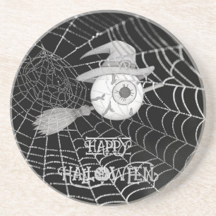 Halloween witch broom, scary eyeball, spider web coaster