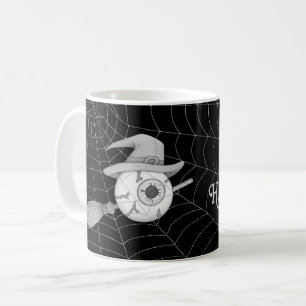 Halloween witch broom, scary eyeball, spider web coffee mug
