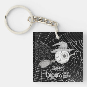 Halloween witch broom, scary eyeball, spider web key ring