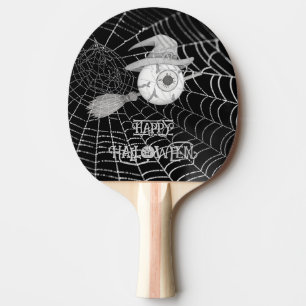 Halloween witch broom, scary eyeball, spider web ping pong paddle