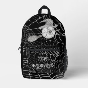 Halloween witch broom, scary eyeball, spider web printed backpack