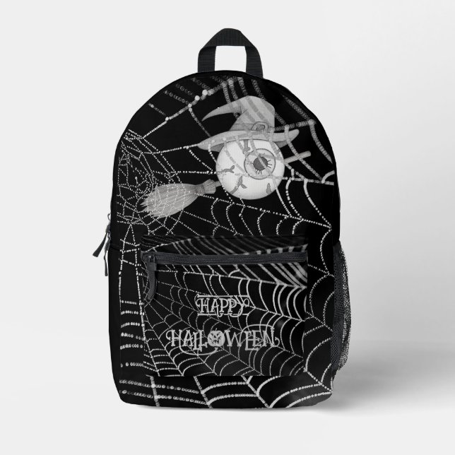 Halloween witch broom, scary eyeball, spider web printed backpack (Front)