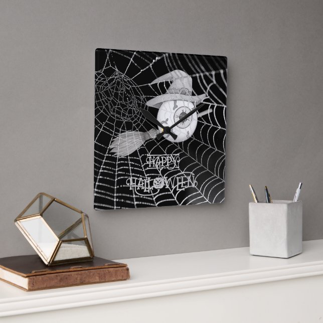 Halloween witch broom, scary eyeball, spider web square wall clock (Office)