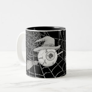 Halloween witch broom, scary eyeball, spider web Two-Tone coffee mug