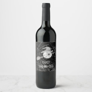 Halloween witch broom, scary eyeball, spider web wine label