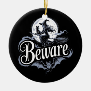 Halloween Witch Broomstick Black Cat Moon Graphic Ceramic Ornament