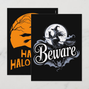 Halloween Witch Broomstick Black Cat Moon Graphic Holiday Postcard
