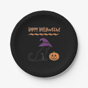 Halloween Witch Cat and Pumpkin Paper Plate