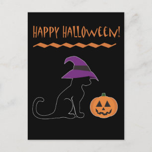 Halloween Witch Cat and Pumpkin Postcard