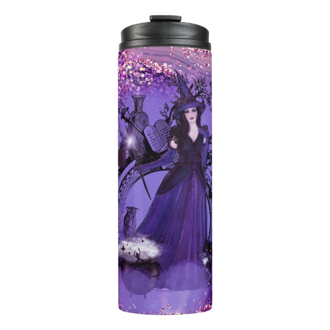 Halloween witch cat art by Renee Lavoie Thermal Tumbler (Front)