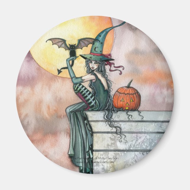 Halloween Witch Cat Magnet by Molly Harrison (Front)