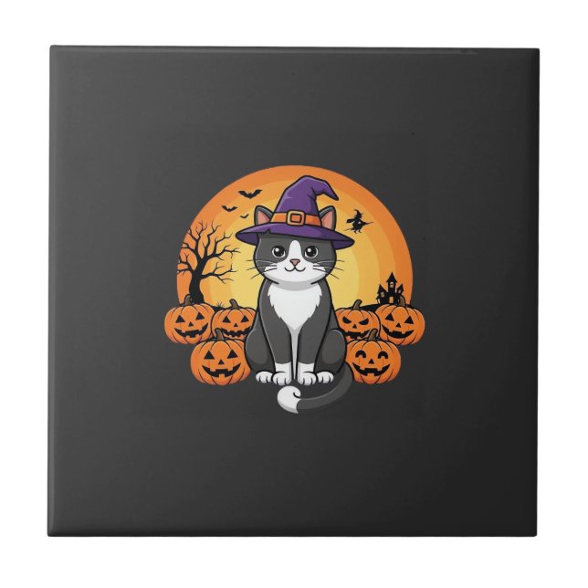Halloween Witch Cat Pumpkin Moon Design_1 Ceramic Tile (Front)