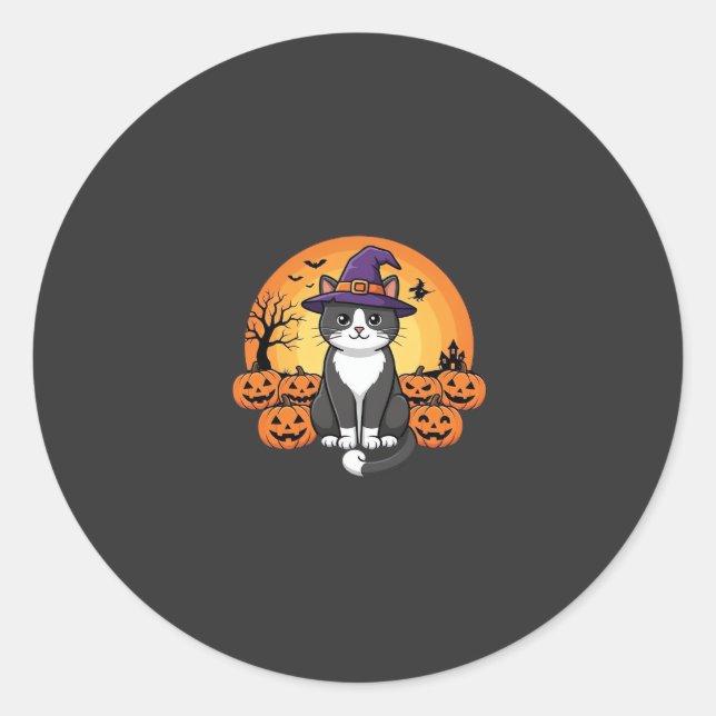 Halloween Witch Cat Pumpkin Moon Design_1 Classic Round Sticker (Front)