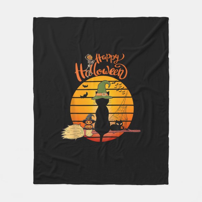 Halloween witch cat Pumpkin Skeleton Bat Scary  Fleece Blanket (Front)
