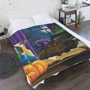 Halloween Witch Cat Purple Magic Fleece Blanket