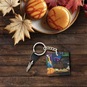 Halloween Witch Cat Purple Magic Key Ring