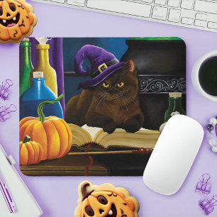Halloween Witch Cat Purple Magic Mouse Pad
