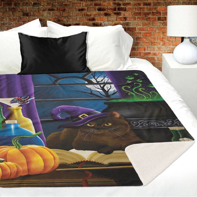 Halloween Witch Cat Purple Magic Sherpa Blanket (Creator Uploaded)