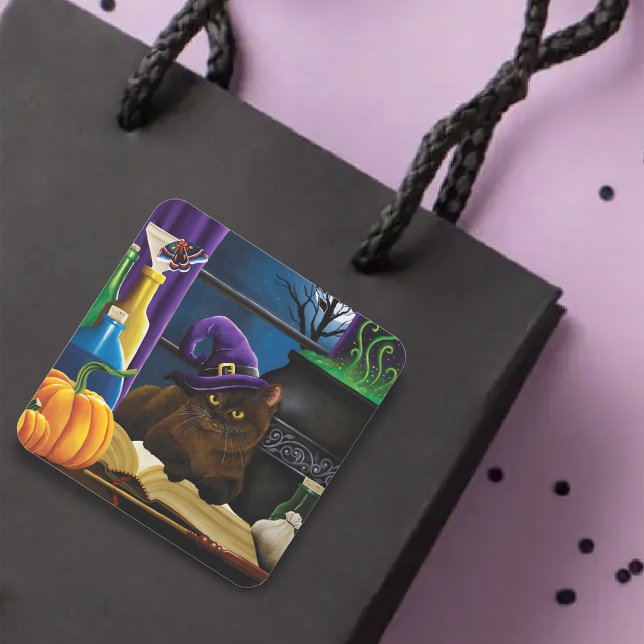 Halloween Witch Cat Purple Magic Square Sticker (Creator Uploaded)