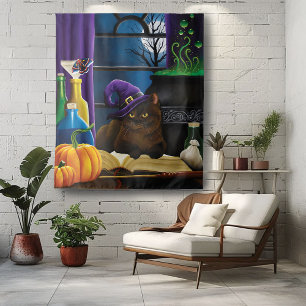 Halloween Witch Cat Purple Magic Tapestry