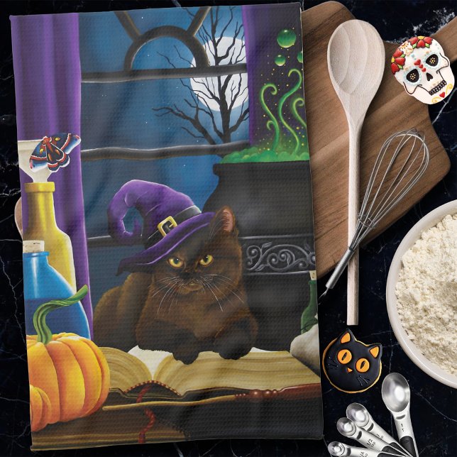 Halloween Witch Cat Purple Magic Tea Towel (Creator Uploaded)