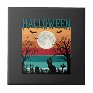 Halloween Witch Cat Spider Web Moon Graveyard_1_1 Ceramic Tile