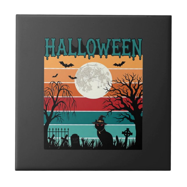 Halloween Witch Cat Spider Web Moon Graveyard_1_1 Ceramic Tile (Front)