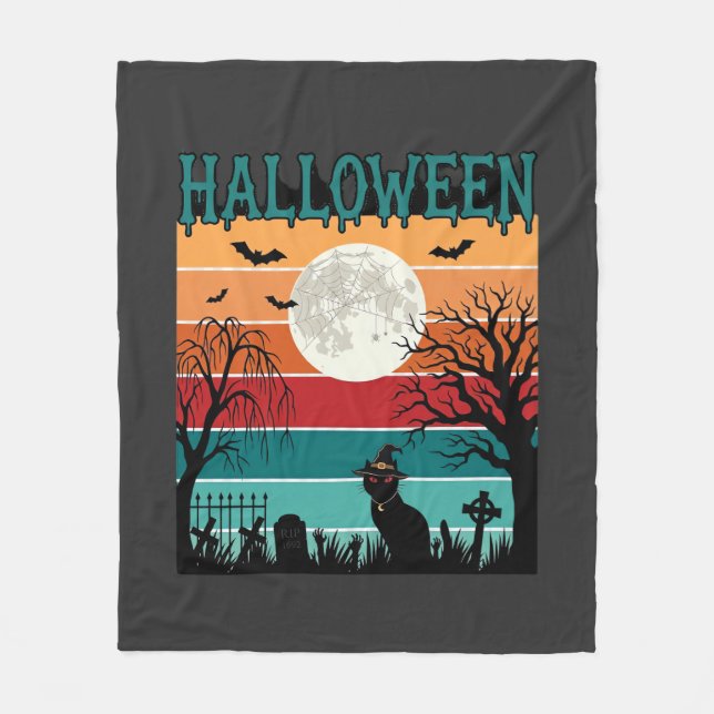 Halloween Witch Cat Spider Web Moon Graveyard_1_1 Fleece Blanket (Front)