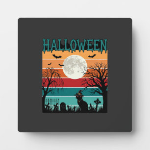Halloween Witch Cat Spider Web Moon Graveyard_1_1 Plaque