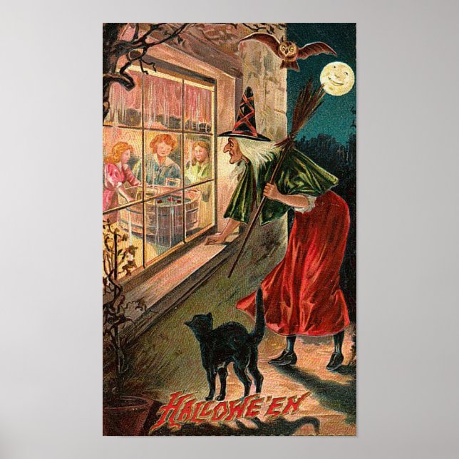 Halloween Witch, Cat Staring in Window Poster (Front)
