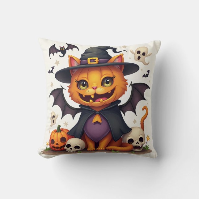 Halloween Witch Cat Throw Pillow (Front)