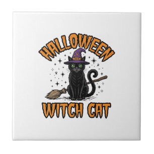 Halloween Witch Cat Vintage Engraving Design_1 Ceramic Tile