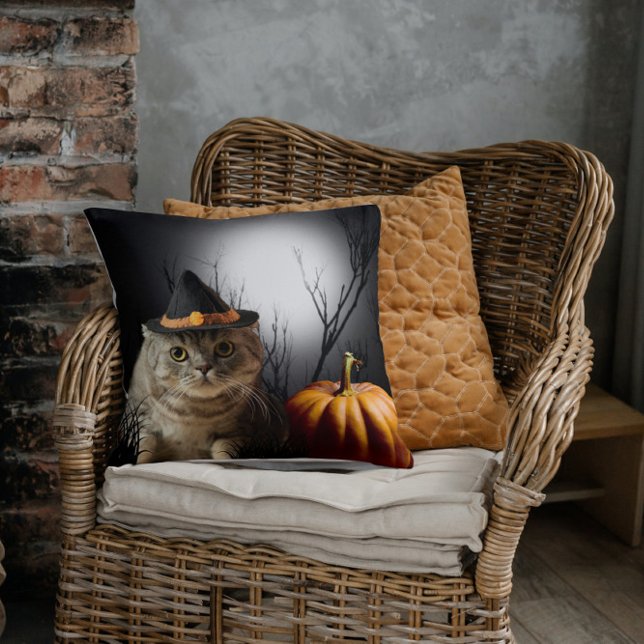 Halloween Witch Cat With Pumpkin Throw Pillow (Halloween Witch Cat Pillow)