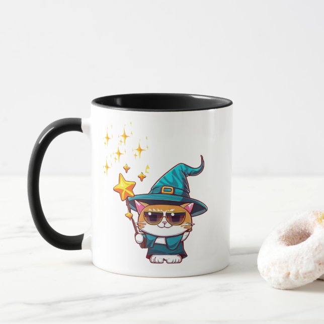Halloween Witch Cats Holding Magic Wand Stars Mug (With Donut)